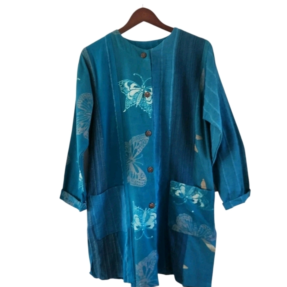 Wild Thing Wild Woman Cotton Button Long Jacket Blue Butterfly Size S M Pockets - Picture 1 of 9